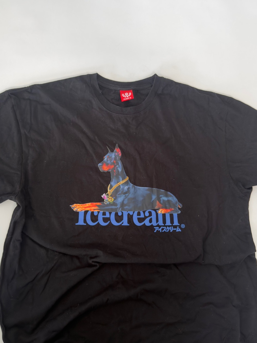 Icecream Black Tee with Blue and Orange Doberman Graphic